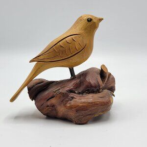 Vintage Hand Carved Wooden Wood Bird Sculpture Figure On Driftwood Stand